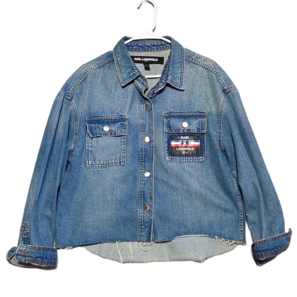 Karl Lagerfeld Paris Denim Shirt Jacket Womens L Blue Raw Hem Logo Patch